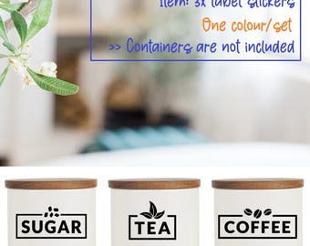 SUGAR TEA COFFEE Labels - 3x Stickers for Container Jar Can Canister Kitchen Organisation Pantry Labels - waterproof