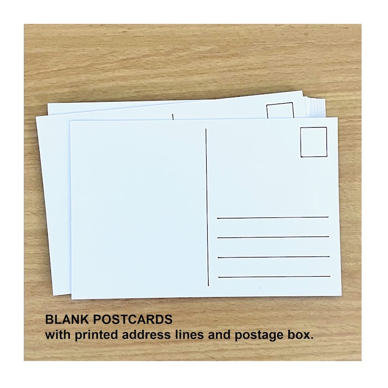 May include: A stack of blank white postcards with printed address lines and a postage box.