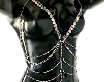 Unisex adjustable metallic dress, full body chain, layered silver harness, sexy lingerie, body jewelry, festival accessories, rave bralette