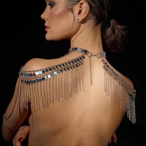 Sensual shoulder body chain with white glitter and fringed, unisex metallic chest harness, layered bra, festival wear, handmade gift