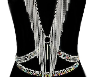 Festival Fantasy: Rainbow-colored Fringed Body Chain, Neck to Waist