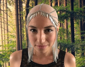 シルバーセラフヘッドチェーン：翼のあるボヘミアンフリンジヘッドピース