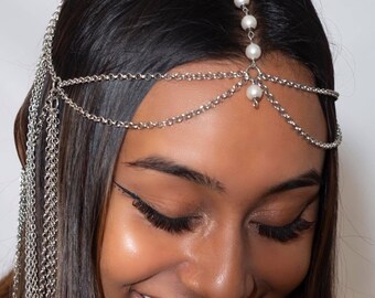 Costume hair  with pearls, head chain, crown chain, face chain, metal sexy clothes, festival jewelry, hair chain, silver  headband