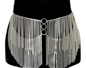 Silver metallic skirt, waist body chain, unisex layered jewelry, adjustable intimate lingerie, festival accessories, sexy rave underwear