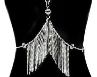 Simple fringe body chain, silver-colored harness, unisex layered bra, tribal top necklace, adjustable intimate jewelry, sensual gift