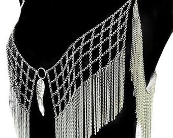 Silver Winged Grid: Unisex Fringed Shoulder and Chest Body Chain