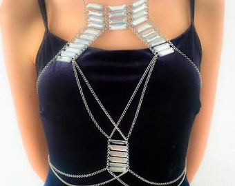 Shiny body chain, geometric jewelry, unisex layered harness, unisex metal bra, adjustable top necklace, sensual gift, festival accessories