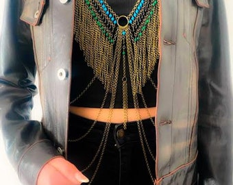 Bronze full body chain, metallic dress with stones, fringe harness, adjustable layered bra, unisex top necklace, exclusive intimate jewelry