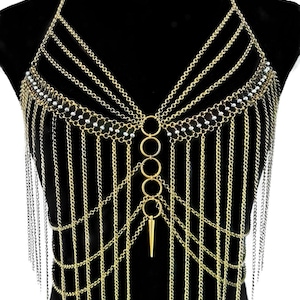 Body chain with blue beads, unisex fringe harness, adjustable body jewelry, festival accessory, metallic lingerie, rave wear, sensual bra