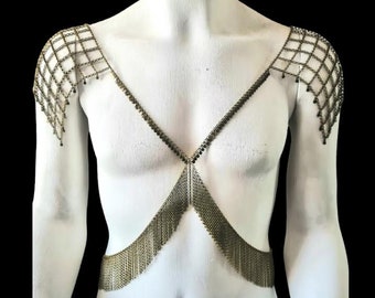 Masculine Fringed Shoulder Body Chain: Bronze/Silver Festival Accessory