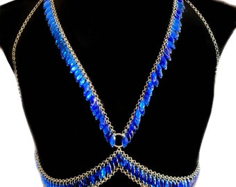 Personalized gift unisex, blue glittery body chain, silver harness for festivals, shiny top necklace, metallic lingerie, sensual blue bra