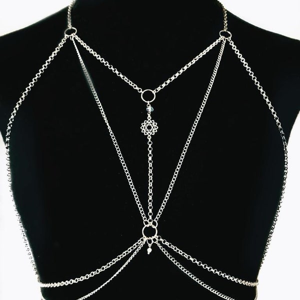 Adjustable Tribal Silver Chest Body Chain with Stones