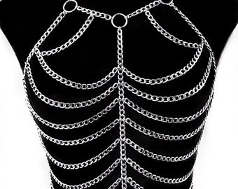 Cadena corporal plateada de varias capas – Arnés artesanal de múltiples capas para festivales / Joyería corporal / Accesorio bohemio para raves
