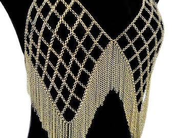 Bronze/Silver Adjustable Festival Body Chain with Mesh and Fringes