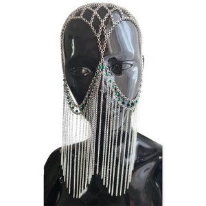 Unisex silver metallic crown, fringed face chain, belly headband, head chain, exclusive hair jewelry with malachites, festival accessories image 2