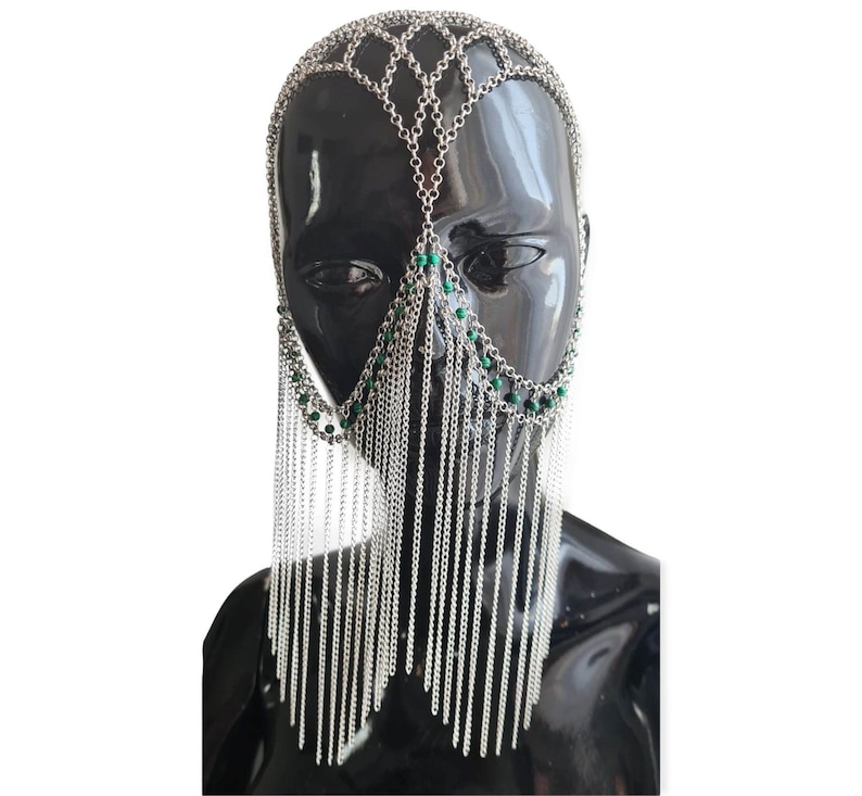 Unisex silver metallic crown, fringed face chain, belly headband, head chain, exclusive hair jewelry with malachites, festival accessories image 2