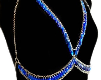 Stralend blauwe glitter bikini body chain: eenvoudig, elegant, perfect voor raves