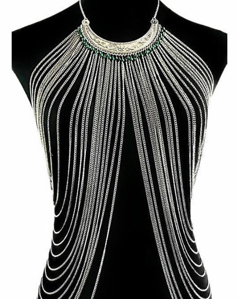 Malachite Layered Body Chain: Handmade Adjustable Metal Harness image 2