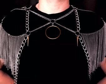 Male layered body chain, sensul jewelry for men, unisex metallic gold shoulder harness, sexy fringed lingerie,  man shoulder top necklace