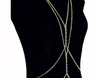 Blue Stone Elegance: Bronze/Silver Body Chain Harness from Neck to Wais