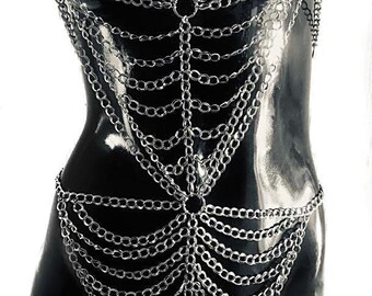 Full body harness unisex, silver body chain, metal swimsuit, erotic jewelry adjustable