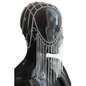 Unisex silver metallic crown, fringed face chain, belly headband, head chain, exclusive hair jewelry with malachites, festival accessories image 1