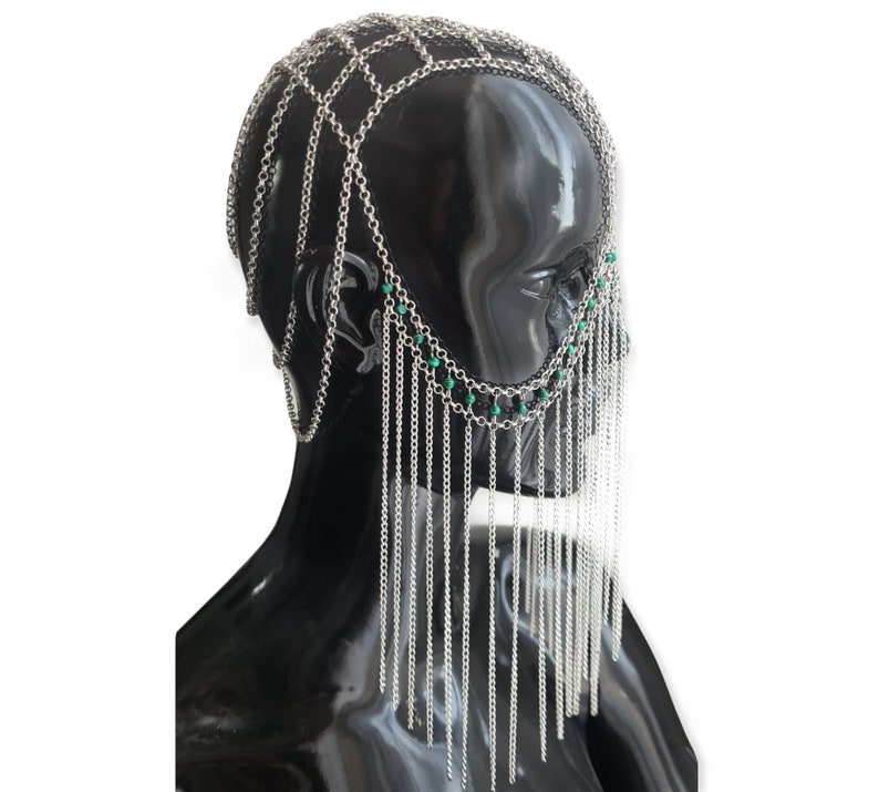 Unisex silver metallic crown, fringed face chain, belly headband, head chain, exclusive hair jewelry with malachites, festival accessories image 1