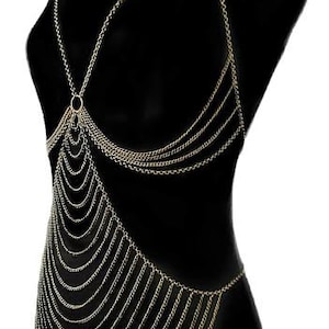Vestido corporal metálico para festival: cadena en capas plateada/bronce