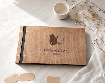 Finger Silhouette Wedding Photo Album, Personalized Wooden Scrapbook, Minimalist Couple Memory Book