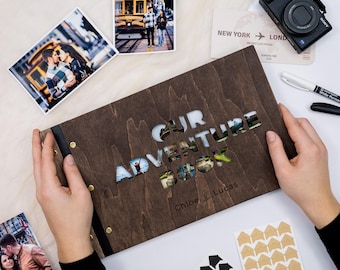 Personalisiertes Abenteuer-Fotoalbum aus Holz, individuelles Erinnerungsalbum, Geschenk für Paare