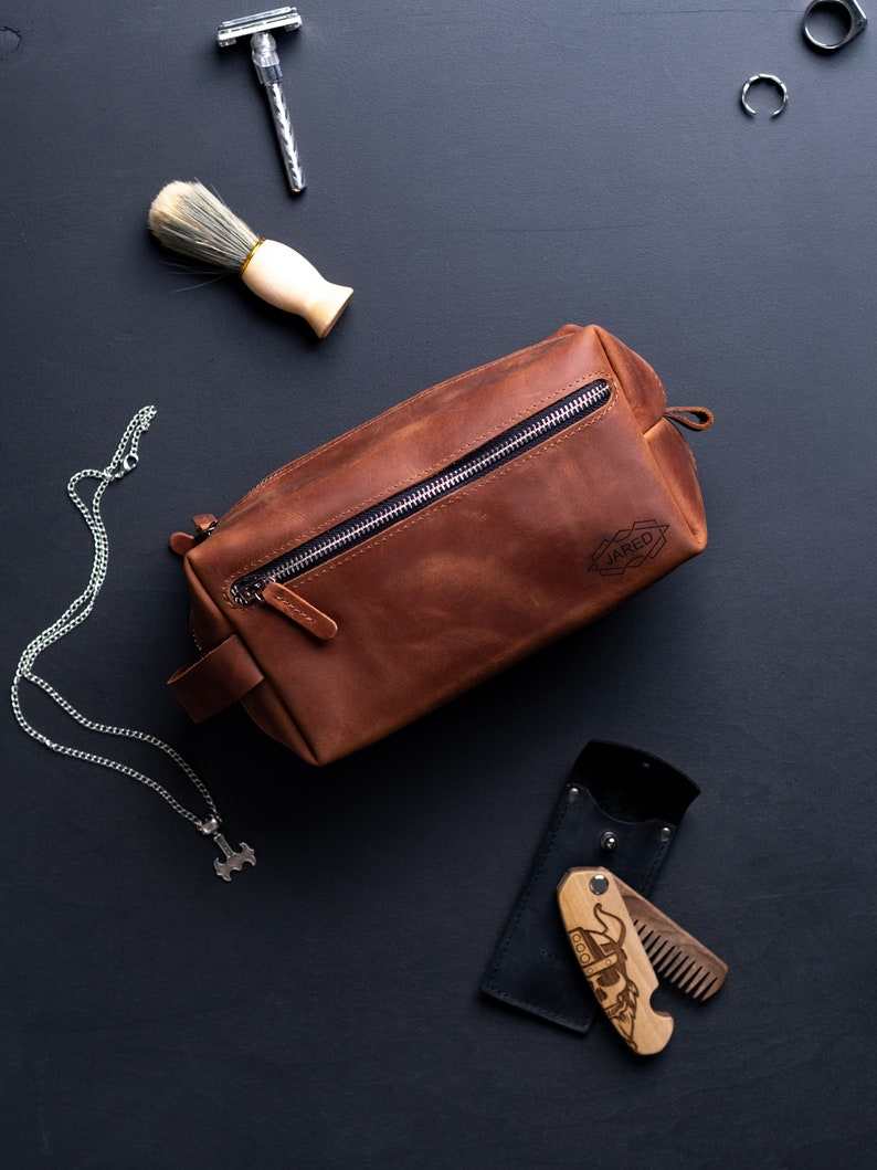 Toiletry Bag, Dopp Kit, Mens Gift, Leather Gift for Him, Boyfriend, Personalized Husband Gift, Groomsman Gift Ideas, Dad Gift for Father image 2