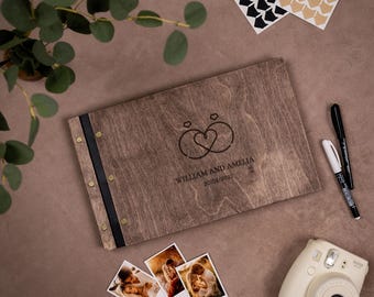 Wedding Rings Photo Album, Personalized Wooden Scrapbook, Couple Memory Book, Bridal Shower Gift, Anniversary Album
