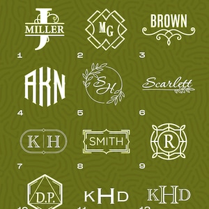 May include: A chart with 12 different monogram designs. The designs are numbered 1 through 12. The text "MONOGRAM" is at the top of the chart. The text "If you don't mention monogram # - engraving will be made in Times New Roman font." is at the bottom of the chart.