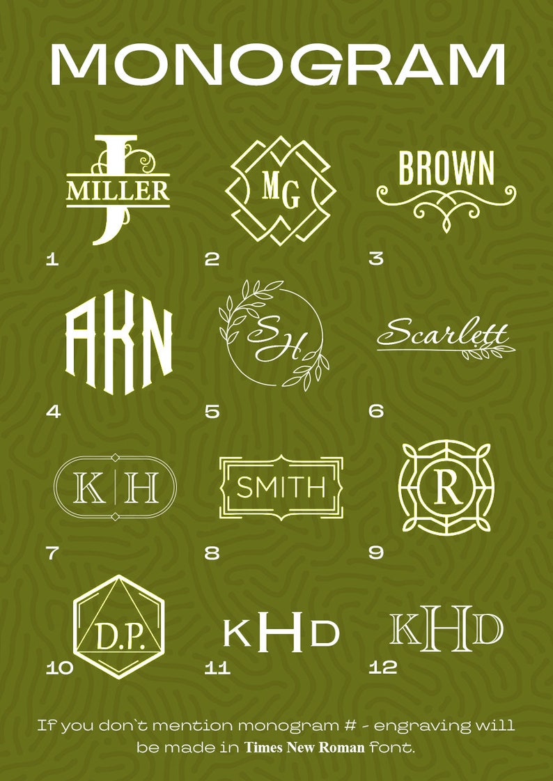 May include: A chart with 12 different monogram designs. The designs are numbered 1 through 12. The text "MONOGRAM" is at the top of the chart. The text "If you don't mention monogram # - engraving will be made in Times New Roman font." is at the bottom of the chart.