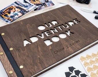 Wedding Photo Album, Personalized Wooden Scrapbook, Minimalist Travel Memory Book