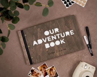 Personalized Wooden Adventure Photo Album, Custom Scrapbook Memory Book, Couples Gift