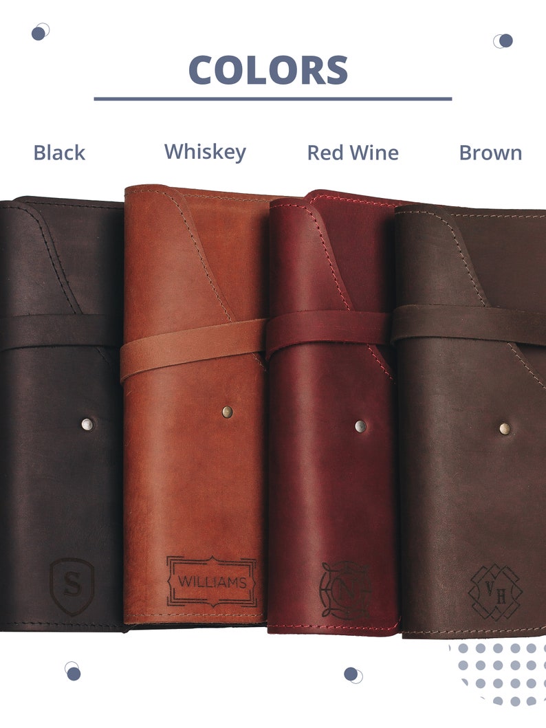 May include: Four leather-bound journals in different colors: black, brown, red wine, and whiskey. Each journal has a different engraved design on the front cover.