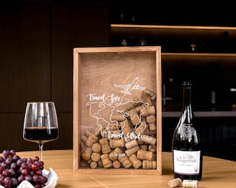 Travel Memory Cork Box, Wine Cork Holder for Adventurers, Ticket and Souvenir Shadow Box, Wooden Keepsake Gift for Travelers