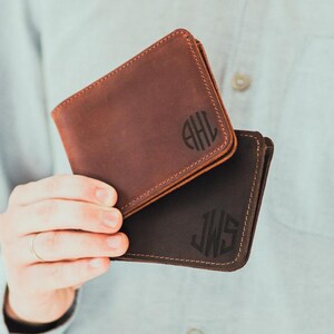 Cartera de piel de grano completo, cartera fina de piel, cartera marrón personalizada, cartera de piel plegable con monograma, regalo de cumpleaños personalizado para él