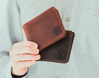 Full Grain Leather Wallet, Slim Leather Wallet,  Personalized Brown Wallet, Monogrammed Bifold Leather Purse, Custom Birthday Gift for Him