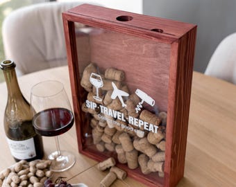 Personalized Wine Cork Box, Handcrafted Travel Memory Frame, Travel Memory Box, Wine Keepsake Gift