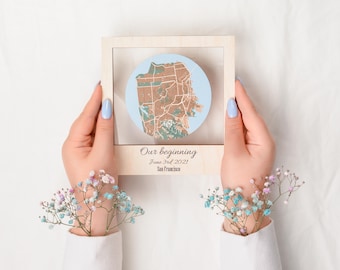 Gepersonaliseerde stadsplattegrond, aangepaste houten kaart, stadskaart kunst aan de muur, jubileumcadeau voor koppels, cadeau nieuw huis, decor housewarming