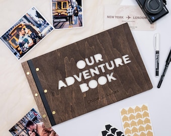 Personalized Wooden Adventure Photo Album, Custom Scrapbook Memory Book, Couples Gift