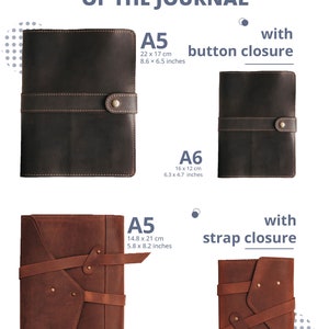 May include: Two leather-bound journals with different closure styles. The top journal is black with a button closure and measures 8.6 x 6.5 inches. The bottom journal is brown with a strap closure and measures 5.8 x 8.2 inches. Both journals are labeled with their size: A5 and A6.