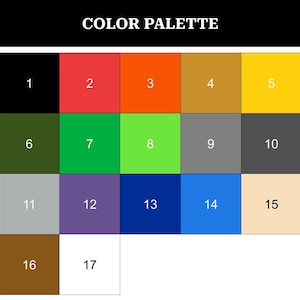 May include: Color palette chart with 17 different color swatches. The swatches are arranged in a grid with numbers 1 through 17 labeling each color.
