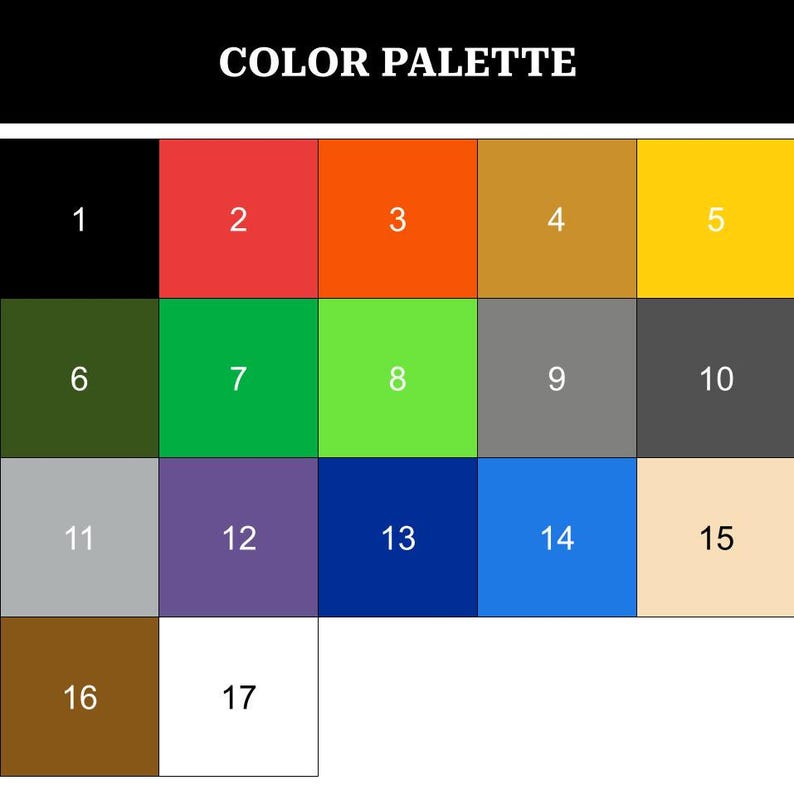 May include: Color palette chart with 17 different color swatches. The swatches are arranged in a grid with numbers 1 through 17 labeling each color.
