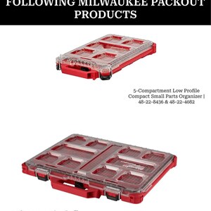 May include: Two red and clear plastic Milwaukee Packout small parts organizers. The top organizer has 5 compartments and the bottom organizer has 11 compartments. Both organizers have a low profile design.
