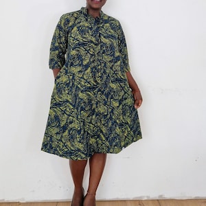Green dress, shirt dress, dress with pockets, Africa dress, African print dress, Africa dress for woman