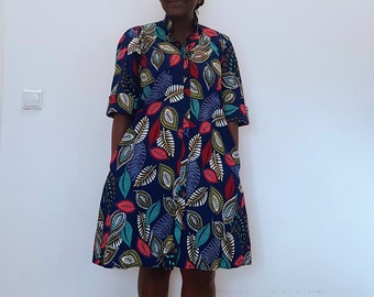 a line kitenge dress Blue and Khaki A-Line Kitenge Dress
