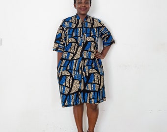 Blue African Print Shirt Dress with Pockets, Kenya Cotton Kitenge